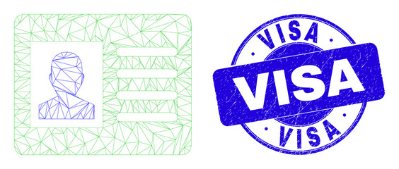Web mesh user card icon and Visa seal stamp. Blue vector round grunge seal stamp with Visa phrase. Abstract carcass mesh polygonal model created from user card pictogram.