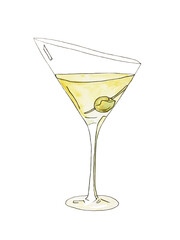 Refreshing summer cocktail in a glass. Watercolor illustration isolated on a white background