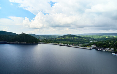 The Solina Dam aerial view, largest dam in Poland located on lake Solina. Hydroelectric power plant in Solina of Lesko County in the Bieszczady Mountains area of south-eastern Poland.