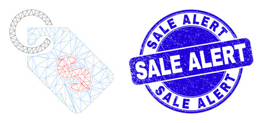 Web carcass price tag pictogram and Sale Alert watermark. Blue vector round scratched watermark with Sale Alert title. Abstract frame mesh polygonal model created from price tag pictogram.