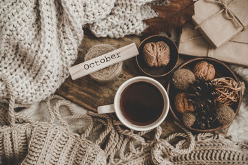 Fototapeta na wymiar Sweaters and cup of tea with notebook, candle and knitting clothes. Cozy autumn or winter concept.