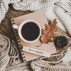Cup of hot drink on notebook, knitting clothes. Cozy autumn or winter concept.