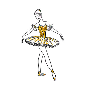 Ballet dancer silhouette in a gold dress. Realistic ballerina, beautiful woman against white background. Ballet banner. Linar Vector illustration.