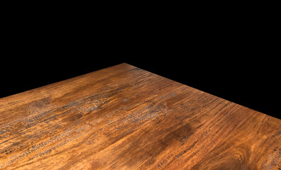 Perspective view of wood or wooden table corner on black background including clipping path