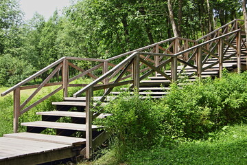 Empty large outdoor wooden staircase with a many steps in the Park against the background of green plants on a Sunny summer day