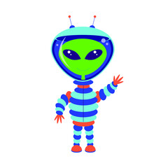 A green alien character with big eyes in a spacesuit greets with his hand. Isolated on a white background. Stock vector illustration.