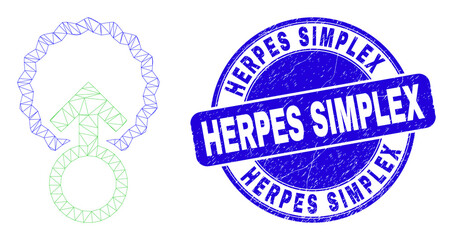 Web carcass insemination pictogram and Herpes Simplex seal stamp. Blue vector round distress seal stamp with Herpes Simplex text.