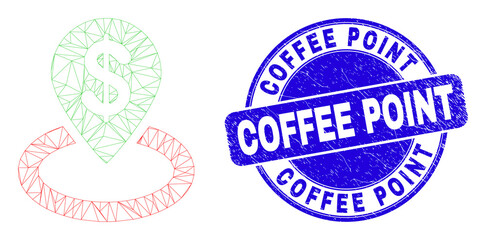Web mesh bank location icon and Coffee Point seal. Blue vector rounded textured seal with Coffee Point text. Abstract frame mesh polygonal model created from bank location icon.