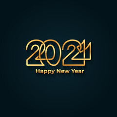 Happy New Year 2021 banner. Golden luxury text, gold glowing numbers. Vector illustration. Isolated on blue background.