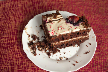Sponge cake with cream on a white plate.