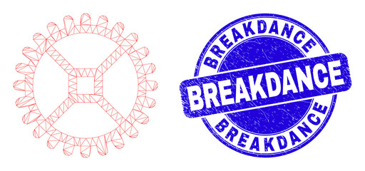 Web mesh clock gear pictogram and Breakdance seal stamp. Blue vector rounded textured stamp with Breakdance title. Abstract frame mesh polygonal model created from clock gear pictogram.