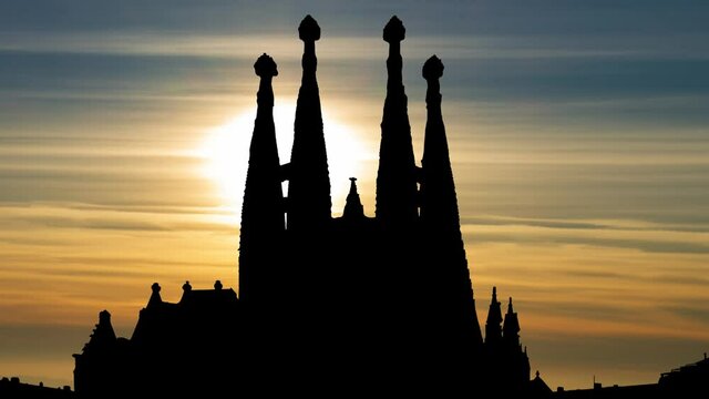 Barcelona: Basilica de la Sagrada Familia, Time Lapse at Sunset, Catalonia