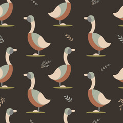 Goose and leafs seamless pattern. Farm wrapping paper. Bird vector illustration textile, wallpaper or fabric. Rural domestic cute animal. Organic healthy meat. Design for eco cusine. 