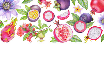 Tropical fruits and flowers template banner. Frame design for web header, juice dessert menu, natural cosmetics health care products. Place for text. Healthy life style concept