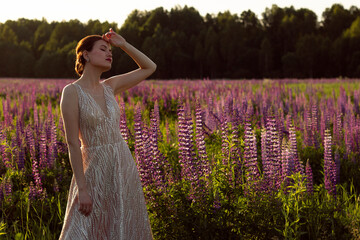 A girl in an evening dress on the field of lupins. A girl in a beautiful dress on a field among...
