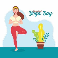 Young sporty woman practicing yoga on 21st june international yoga day. Woman standing on one leg while practicing the tree yoga pose. 
Woman doing yoga & fitness exercises. Vector illustration.