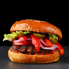 tasty burger with beef on dark isolated background. Homemade hamburger or burger with fresh vegetables and cheese
