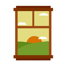 Beautiful countryside landscape from window with sunset. Element of the interior of country house. Life in village. Green hills and wooden frame with glass. Cartoon flat illustration
