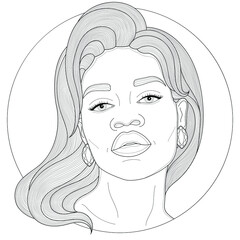 Black woman with earrings.Coloring book antistress for children and adults. Illustration isolated on white background.Black and white drawing.Zen-tangle style.