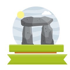Stonehenge. English landmark. Structure is made of old stones. Historical place, block and boulders. Green grass and summer pagan temple. Flat cartoon. Religious megalith of primitive man