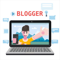 Blogger making video for blog or vlog. Popular young video streamer blogger man, live broadcast, podcast, online channel, laptop