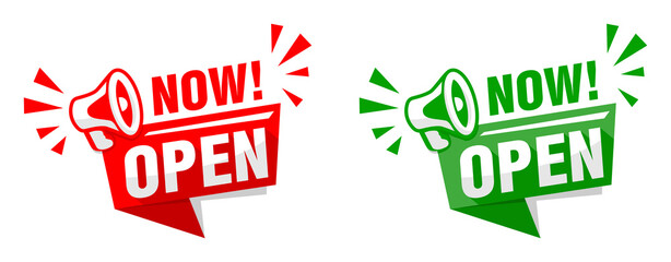 Open now sticker with Megaphone. Web banner on transparent background. Illustration, vector