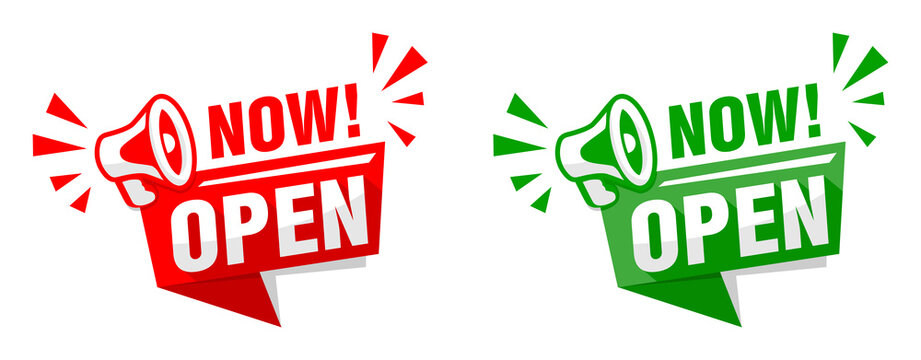 Open now sticker with Megaphone. Web banner on transparent background. Illustration, vector
