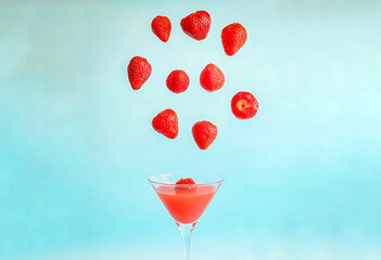 Strawberry levitation over a glass with strawberry nectar on a blue background. The concept of a healthy lifestyle.