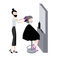 a hairdresser with a client and a hairdresser in masks and gloves