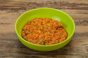 Traditional Georgian Kharcho soup with meat