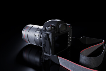 Professional digital SLR photo camera with a zoom lens and a leather strap on a black background with copy space. Top angle view. Realistic 3d render. Place for advertising text. Reflection at bottom