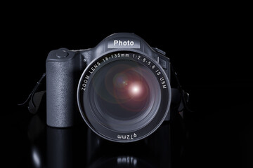 Front view of professional digital single lens reflex camera with a zoom lens and a strap on a black background with copy space. Realistic 3d render. Place for advertising text. Reflection at bottom
