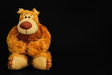 Light brown teddy bear on a black background.