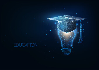Futuristic academic education, graduation concept with glowing low polygonal graduating cap and light bulb - obrazy, fototapety, plakaty