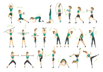 Fototapeta na wymiar Woman fitness. Collection of workout aerobic fitness. Active and healthy life concept. Woman doing fitness and physical exercises