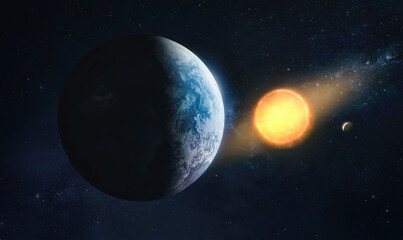 Earth planet and Sun in solar system. Stars and space. Science astronomy. Elements of this image furnished by NASA