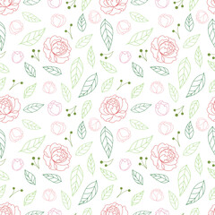 Seamless pattern with peonies and leaves. Elegant hand drawn floral background. 