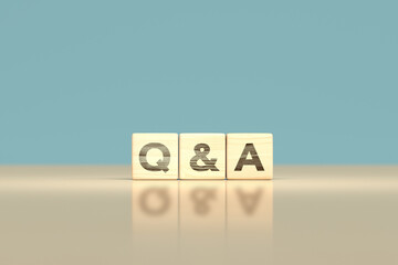 Wooden block cube Q & A symbol question and answer website page marketing concept - 3d render