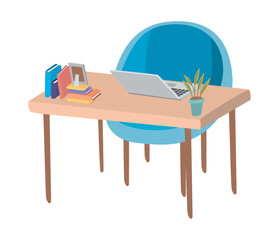 Desk with laptop and blue chair design, Office object workforce corporate job work occupation and communication theme Vector illustration