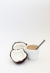 coconut and coffee with milk on a white background