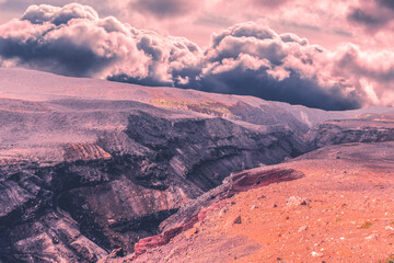 Edge of light, ends of the earth, above the clouds. The high point of the mountain. A mystical place for climbers. Film Effect. Red, purple, violet, tinted.