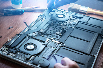 Solutions services electronic hardware. Engineer technician man upgrade and maintenance digital pc....