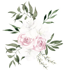 Watercolor illustration with white and pink flowers, isolated on white background