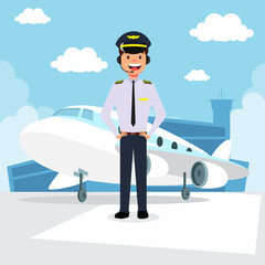 Man airplane pilot in front of the plane at the airport vector illustration