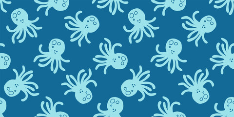 Fototapeta na wymiar Octopus seamless pattern. Doodle hand drawn editable sea illustration. Blue marine cartoon octopod endless background 