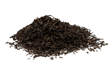 Dry black tea leaves isolated on white background