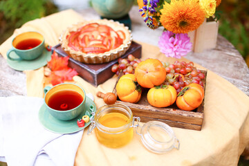 Autumn picnic. Tea party with beautiful kettle, cups at wooden table in garden. Harvest festival. Honey with stick, spoon, apple pie, persimmons, grapes, maple leaf, flowers, yellow linen tablecloth
