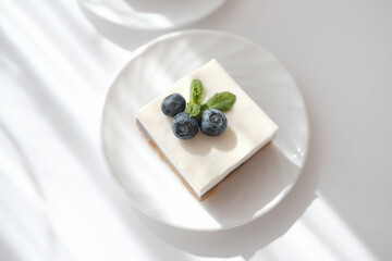 piece of delicious no bake cheesecake with fresh blueberry, selective focus, traditional homemade cheesecake with mint and blueberries. low carb meal. summer desserts.