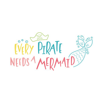 Mermaid cartoon vector illustration. Summer inspirational lettering phrase