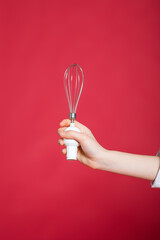 Keep whisking. Happy woman cook whisking by hand. Professional baker making cake by whisking method. Whisking utensil for whipping eggs or cream.